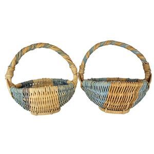 Vintage Small Mini Wicker Baskets Blue Natural Gods Eye Decorative Set‎ of 2